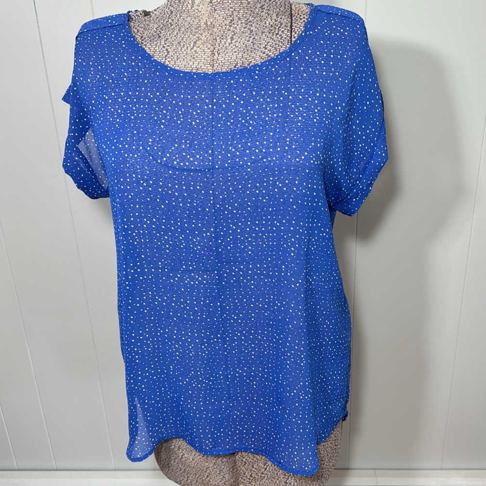 Papermoon Womens Large Sheer Crew Short Sleeve Blouse Blue w White Dots